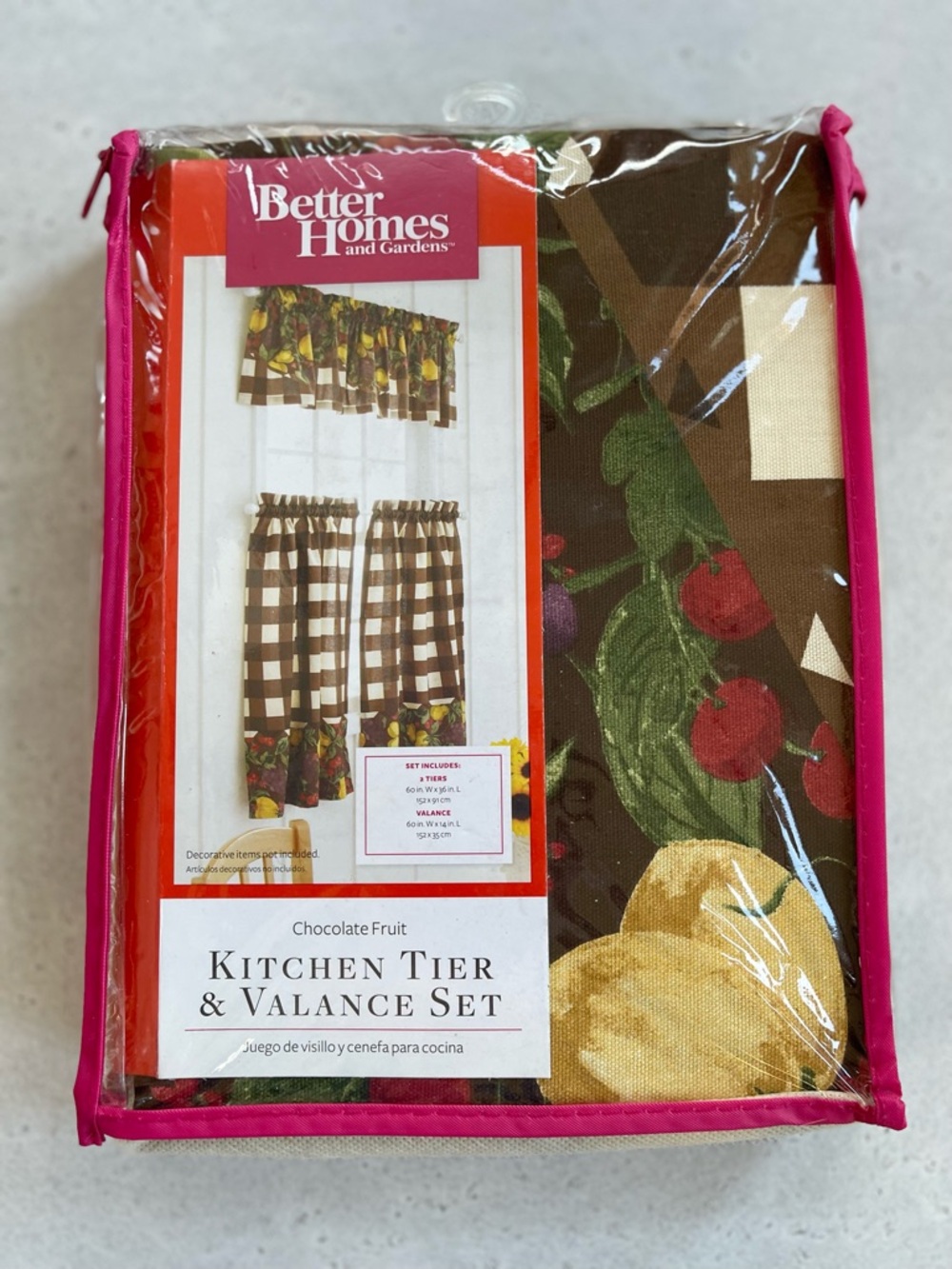 3 Piece Kitchen Window Valance & 2 Panel Curtains Chocolate Fruit New BH&G